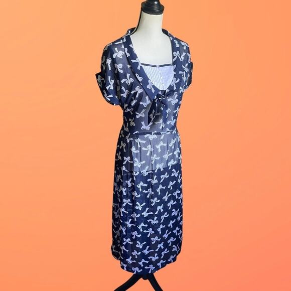 Bettie Page Las Vegas XL 10 Navy Blue & White Bow 40s Style Day Dress - Picture 12 of 13